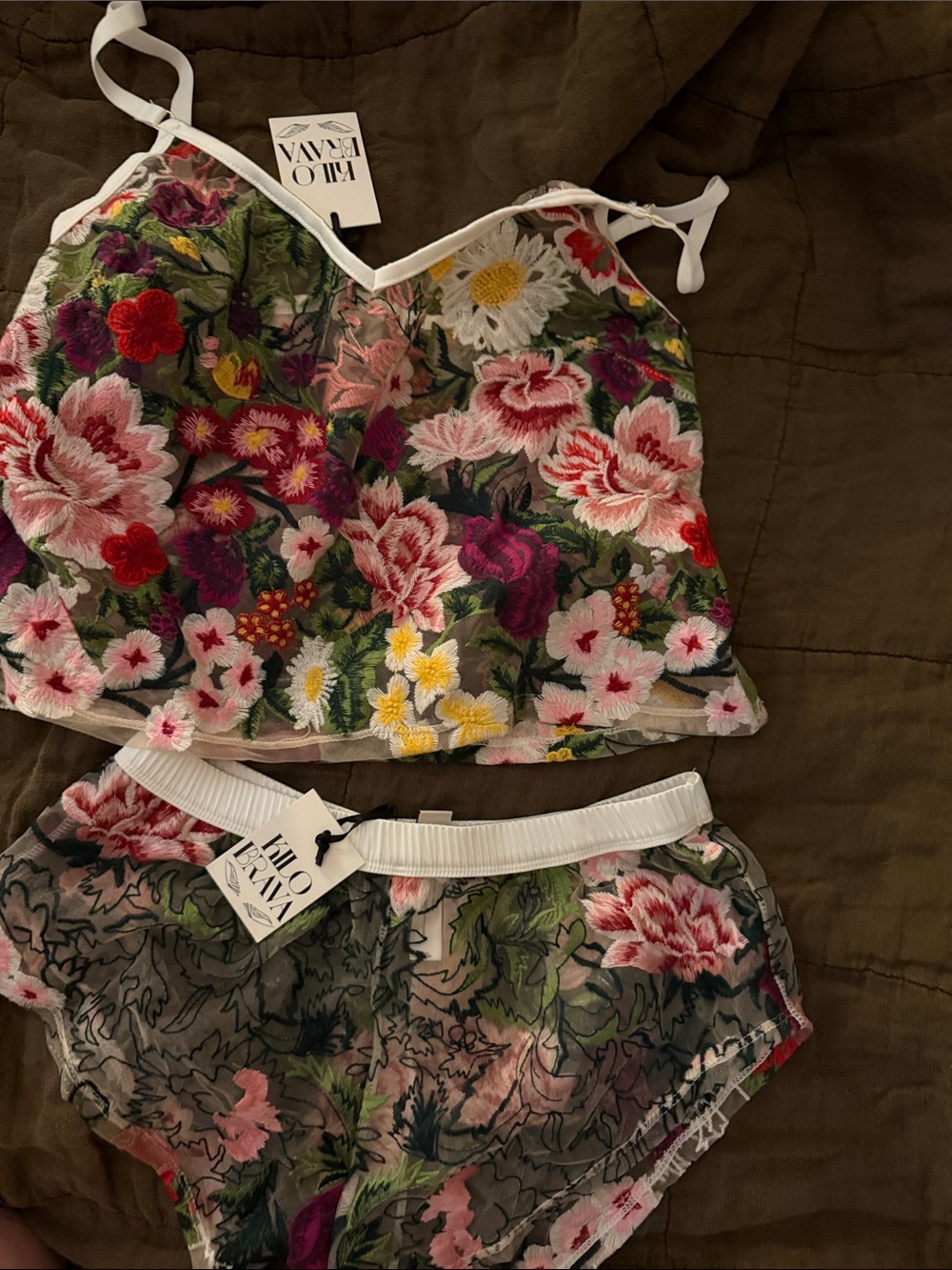 Kilo Brava Sheer Floral Embroidered Cami and Brief Set - White Trim